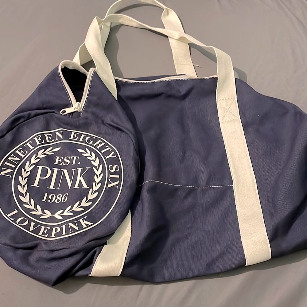 (Brand Pink) blue canvas duffel bag